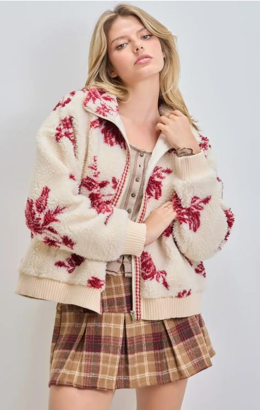 Floral Printed Sherpa Zip Up Jacket