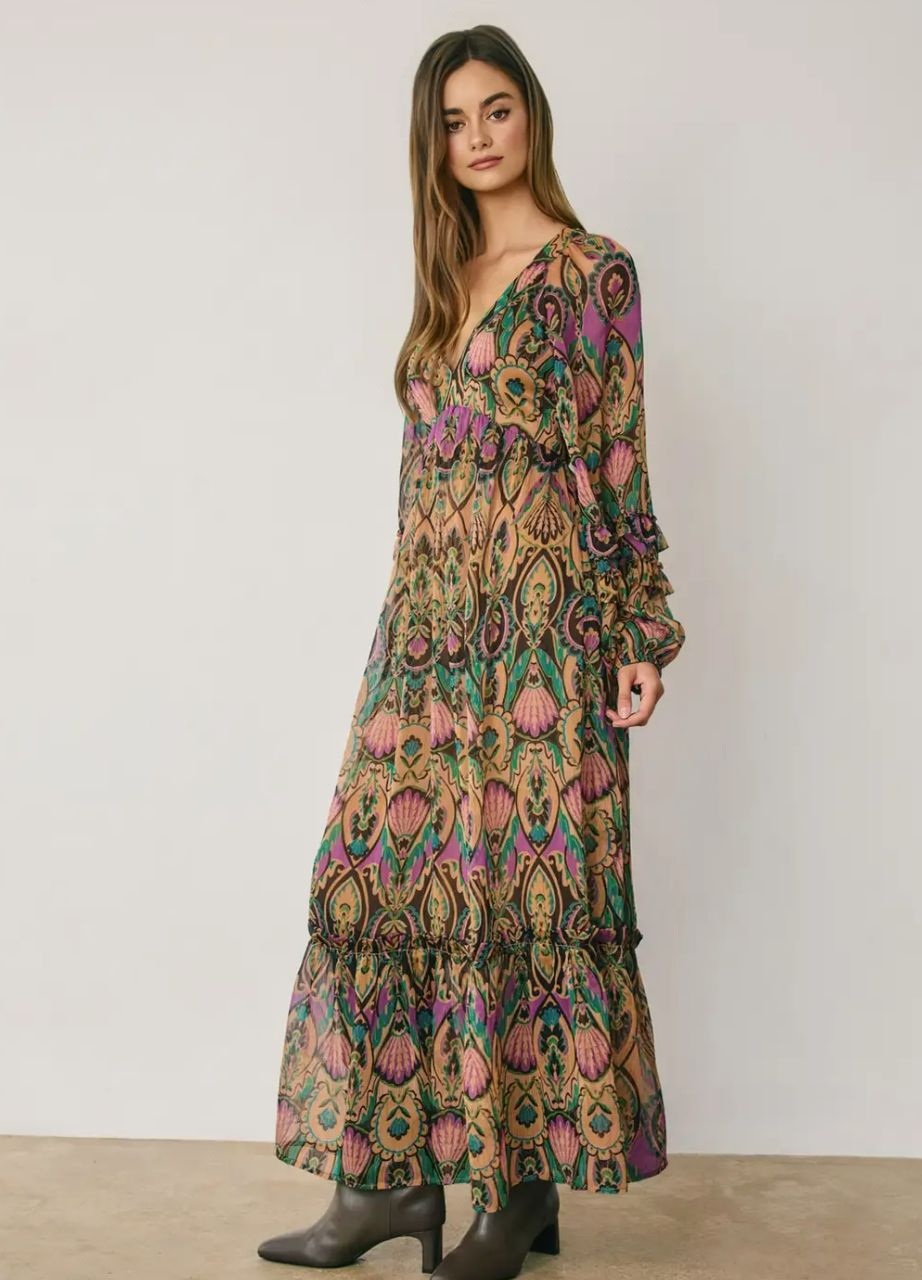 Boho V Neck Tiered Print Maxi Dress (Orchid Jewel)