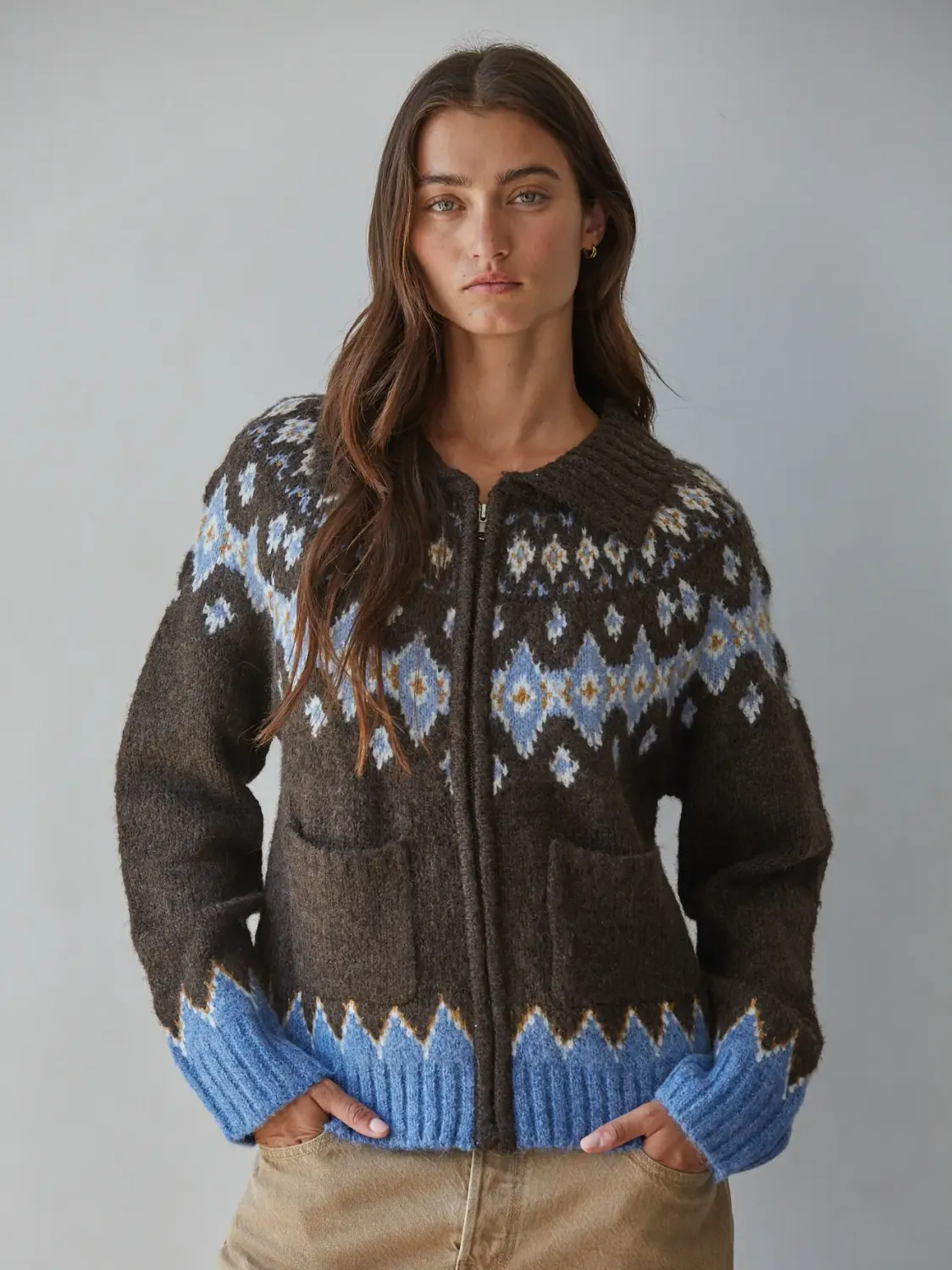 Fair Isle Knit Zip-Up Sweater (Chocolate Brown/Light Blue)