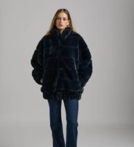 NVLT Faux Fur Mid-Length Grooved Bomber Jacket (Navy)