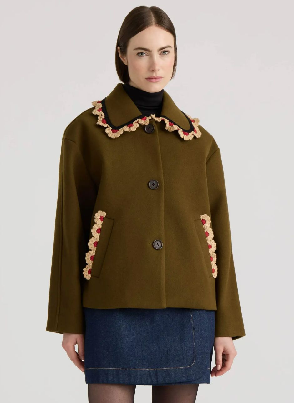 NVLT Faux Wool Cropped Jacket with Contrast Crochet (Olive)
