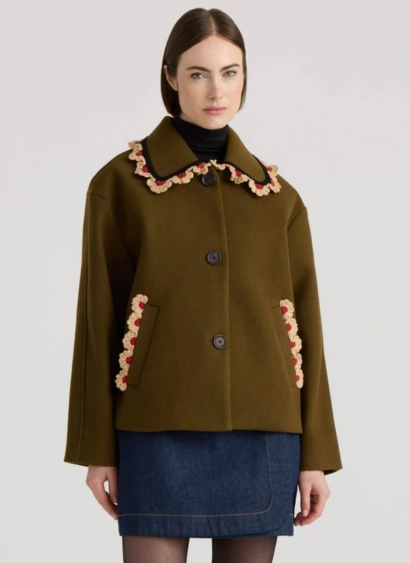 NVLT Faux Wool Cropped Jacket with Contrast Crochet (Olive)