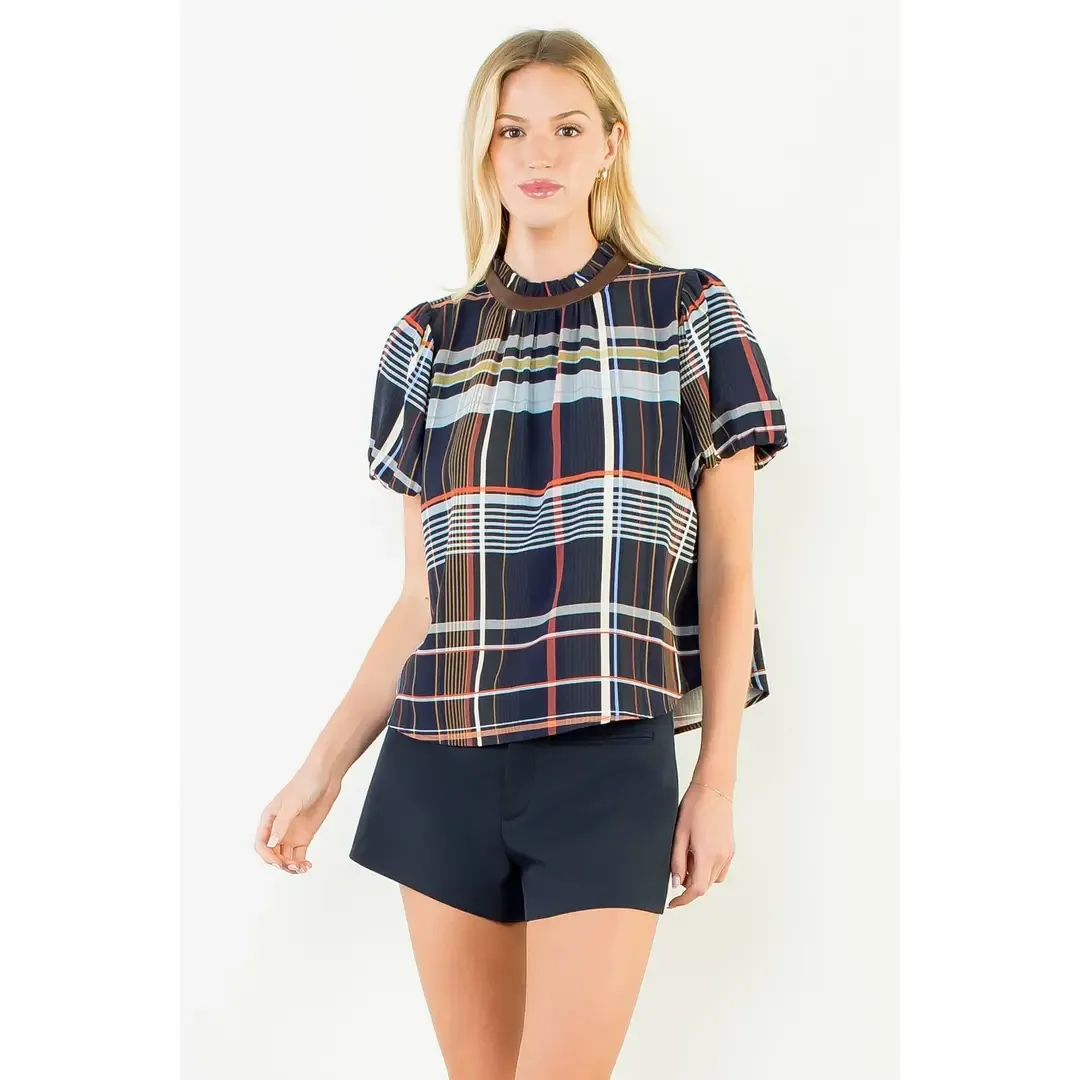 Ruffled Neck, Blue Plaid Top