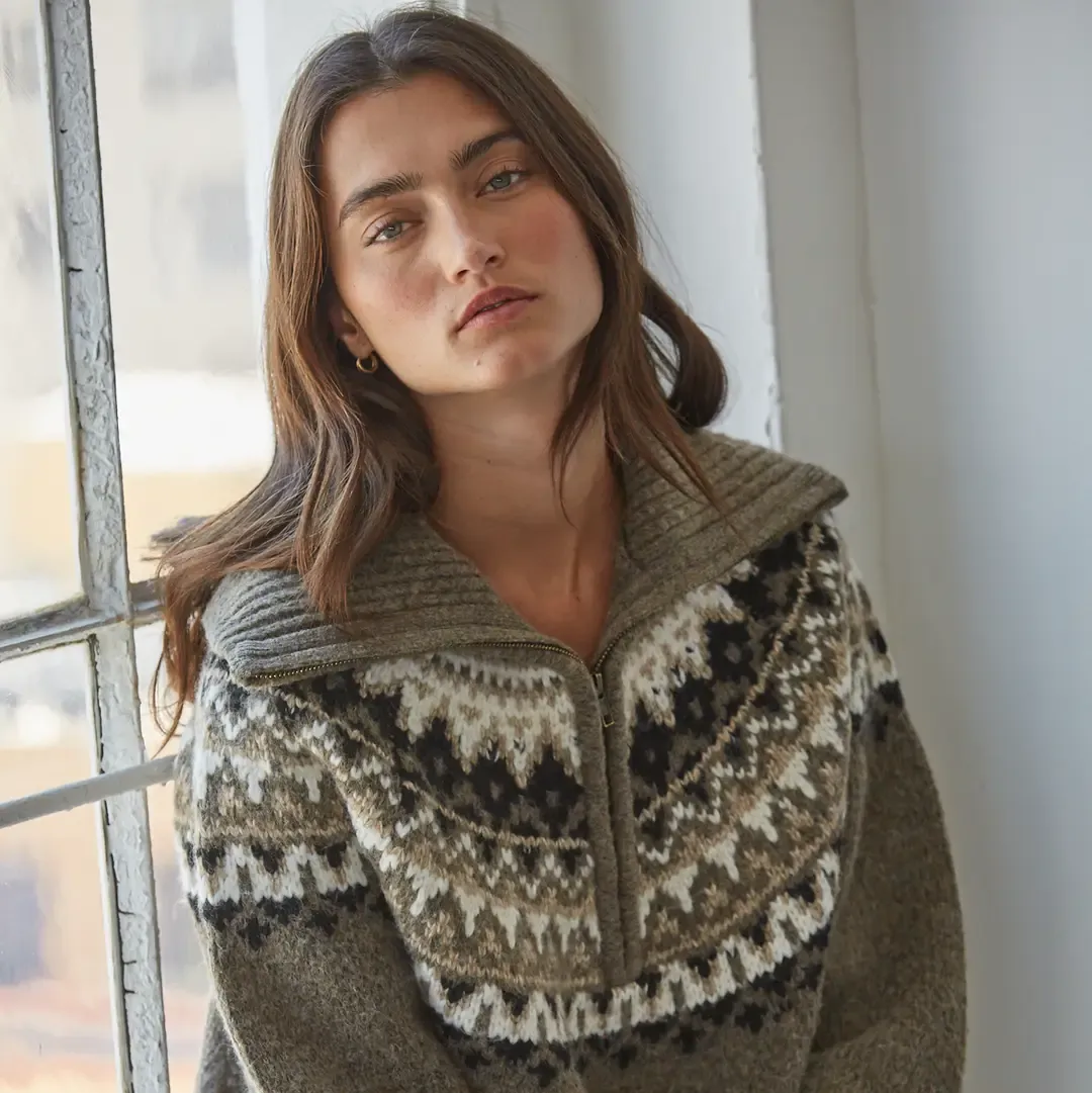 Fair Isle Knit Half Zip-Up Sweater (Mocha/Ivory)