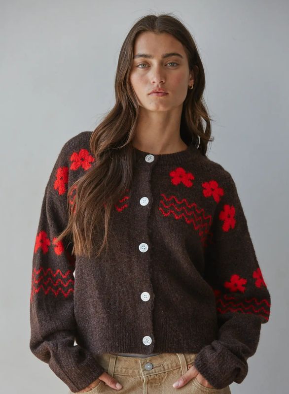 By Together Button Down Cardigan (Chocolate/Red)