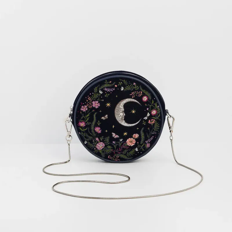 Midnight Garden Embroidered Circle Bag