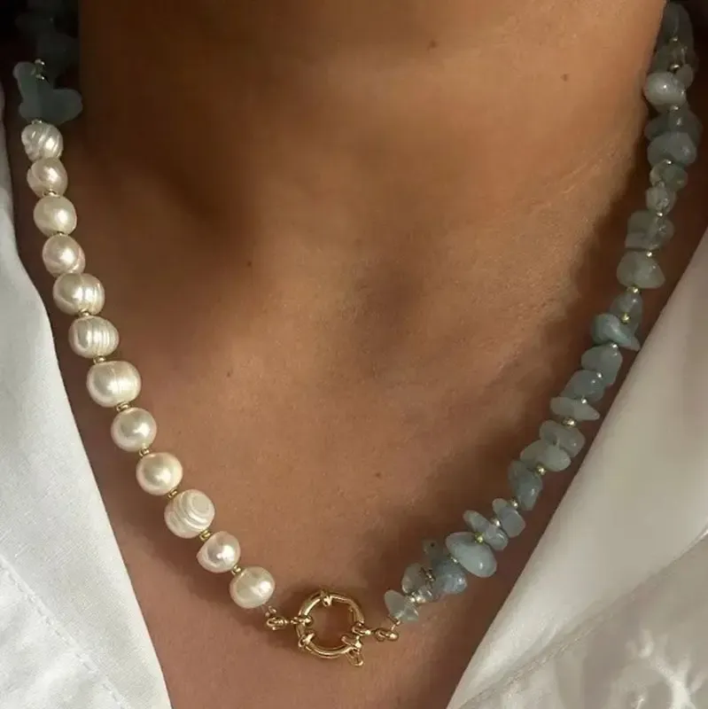 Baroque Pearl and Stone Chain Necklace (Choose Color), Color: Blue