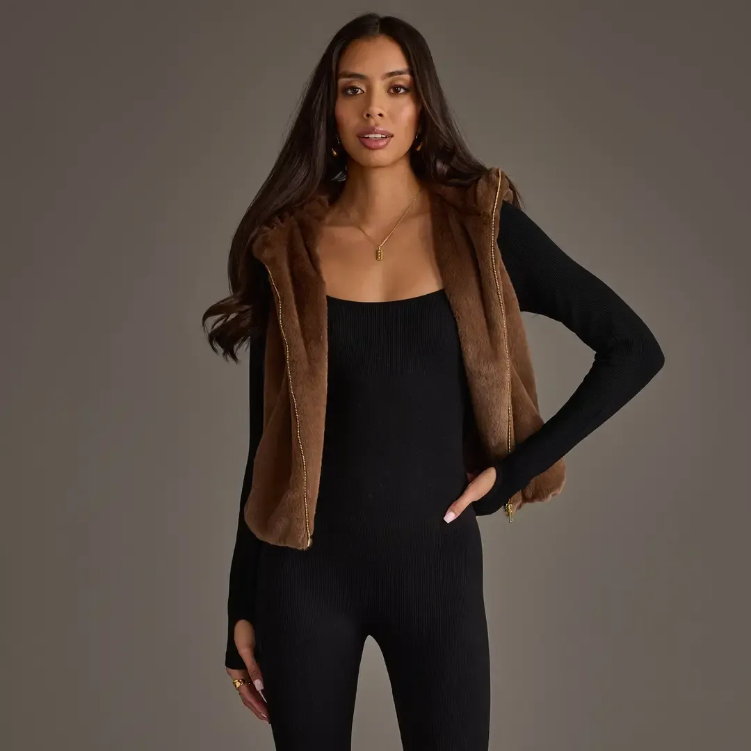 Chocolate Brown Hooded Faux Fur Vest