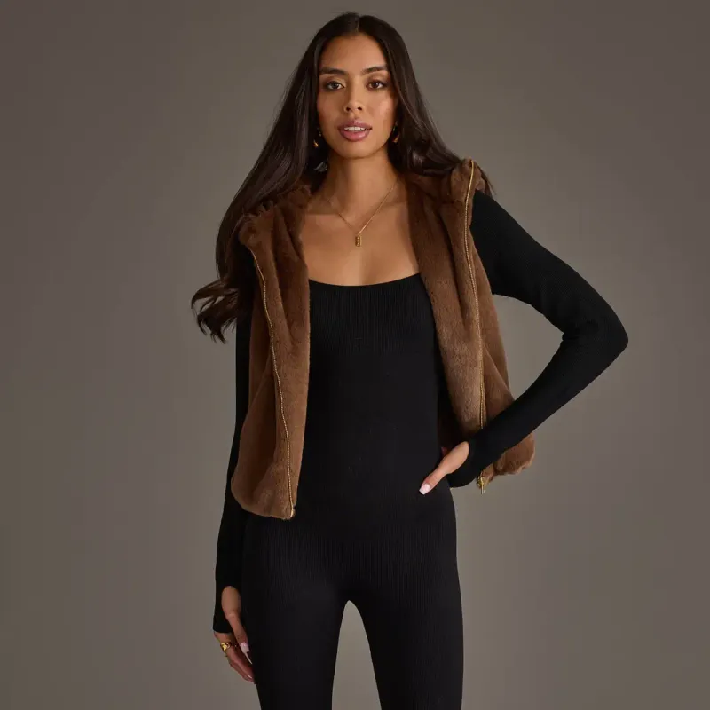 Chocolate Brown Hooded Faux Fur Vest