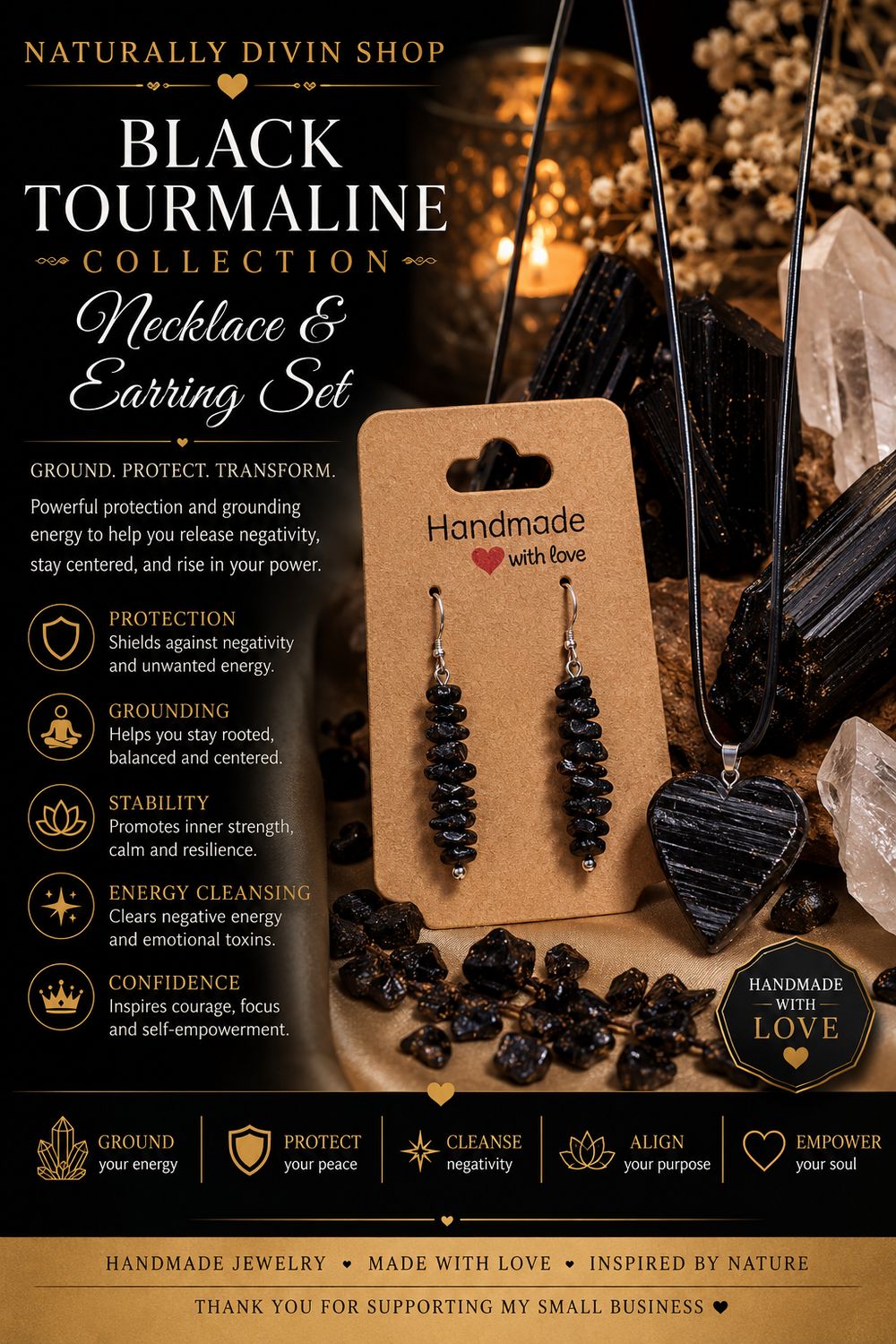 Black Heart Tourmaline Necklace &amp; Earring set