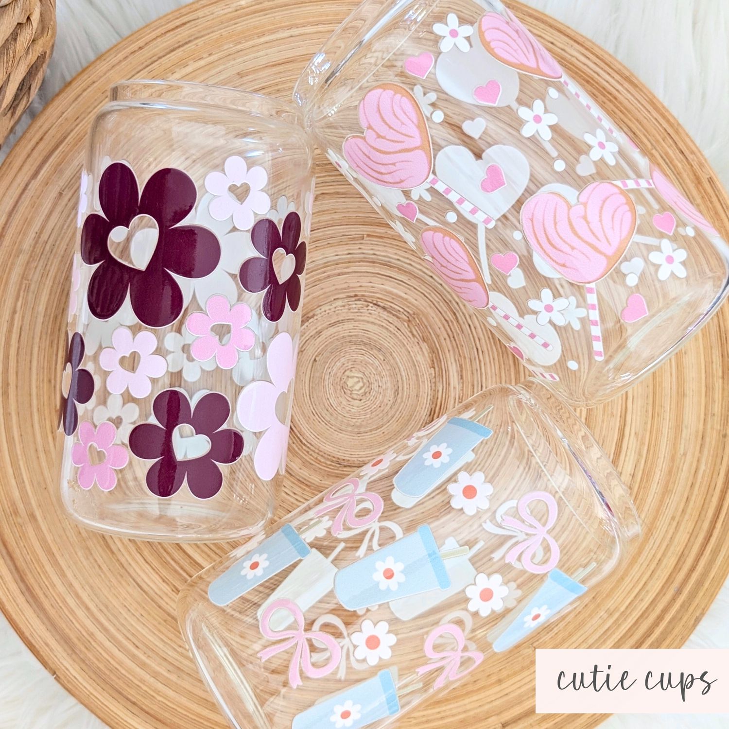Cute Floral Flower Heart Glass Can Cup with Acrylic Lid and Straw
