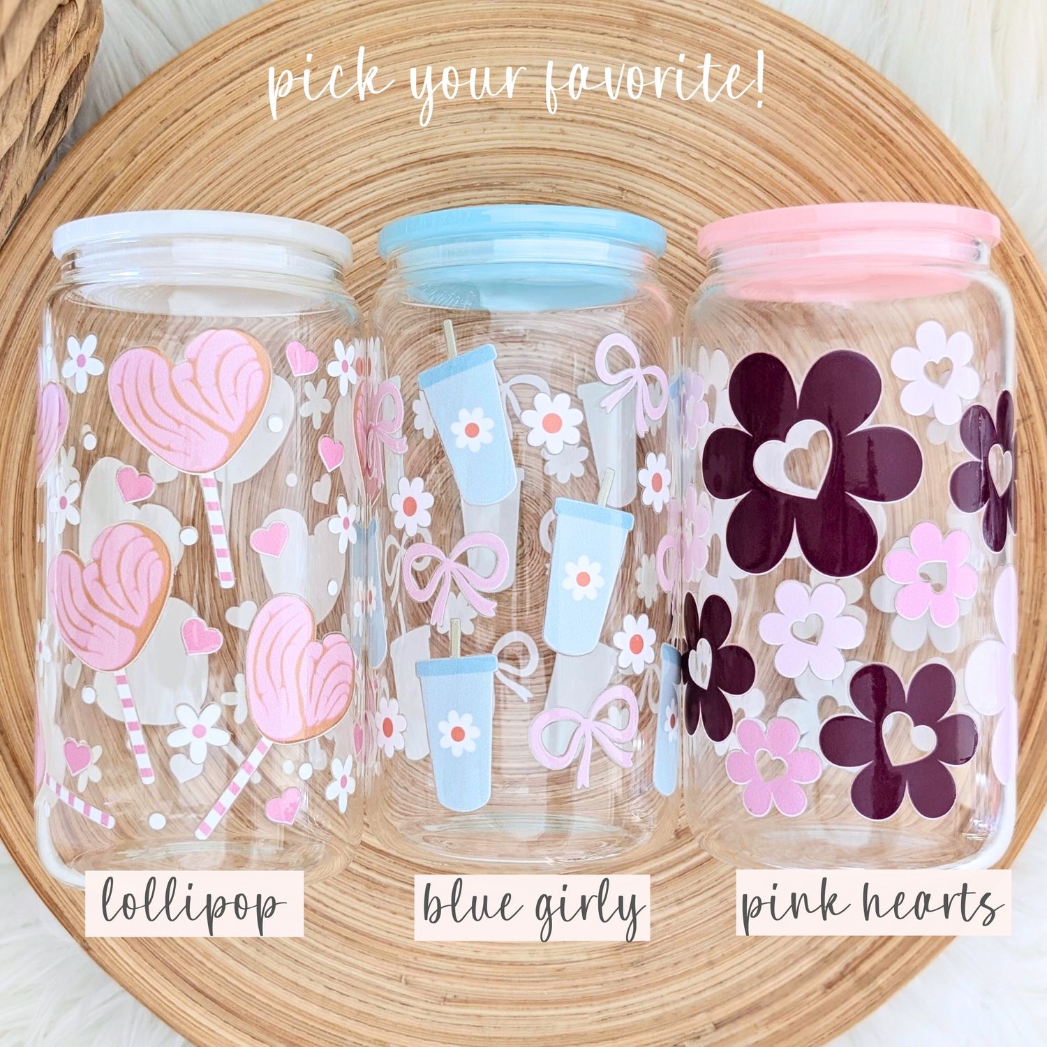 Cute Floral Flower Heart Glass Can Cup with Acrylic Lid and Straw