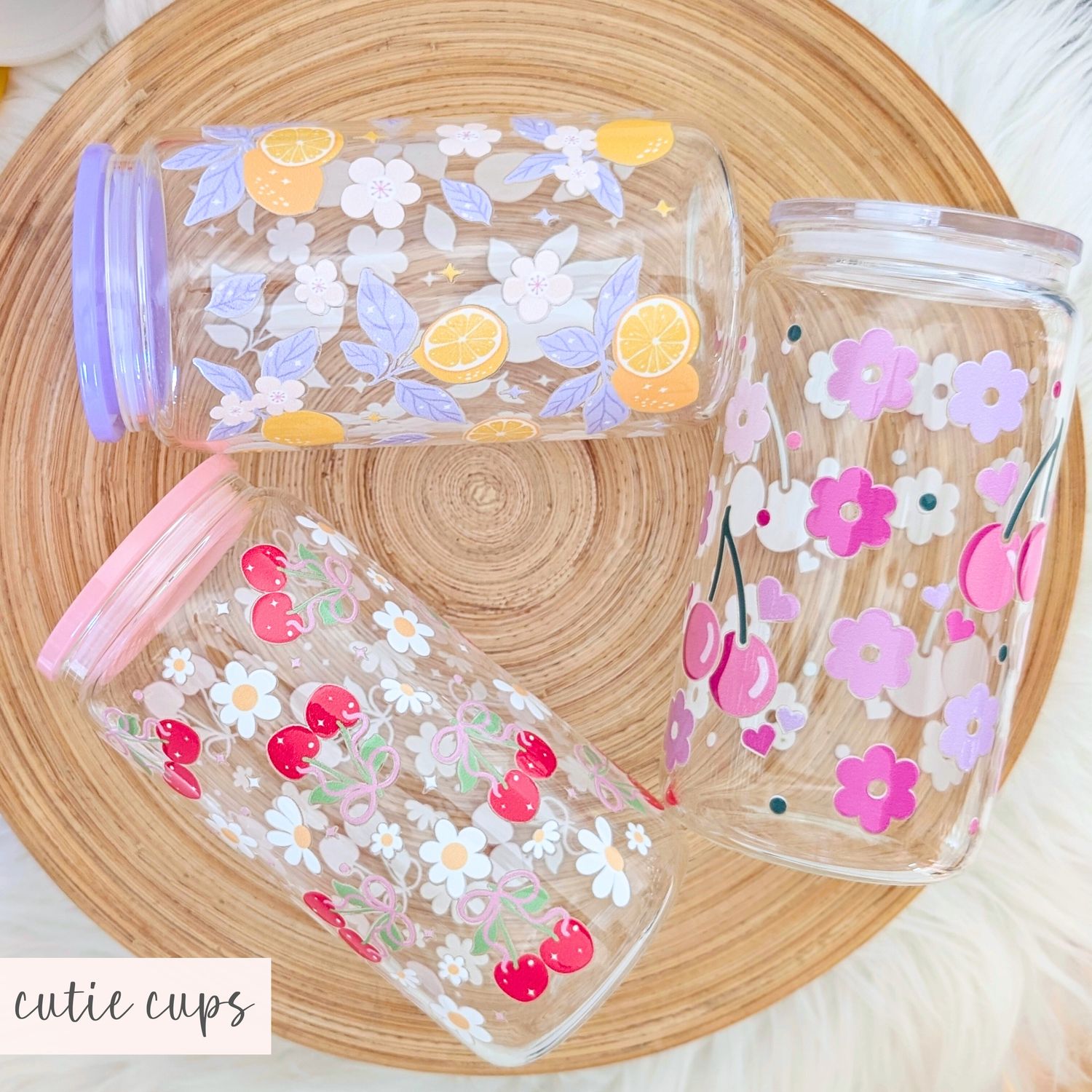 Cute Fruity Floral Glass Cups with Acrylic Lid and Straw