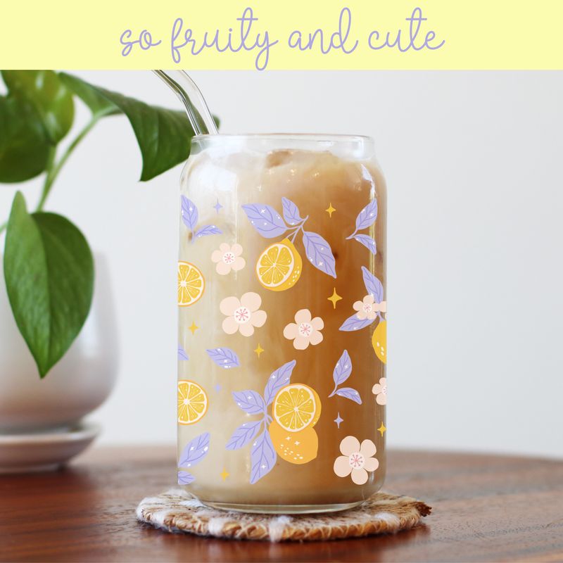 Cute Fruity Floral Glass Cups with Acrylic Lid and Straw