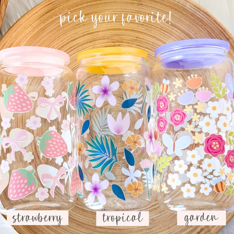 Tropical Floral Glass Can Cups with an Acrylic Lid and Straw