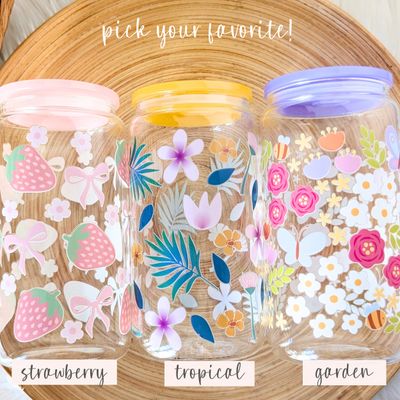 Tropical Floral Glass Can Cups with an Acrylic Lid and Straw