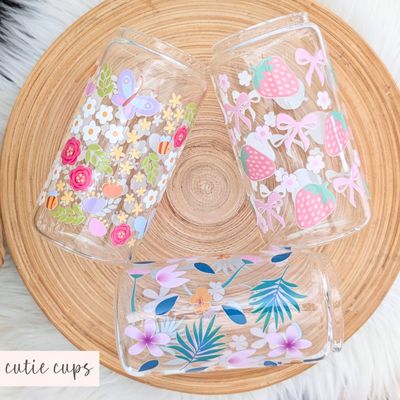 Tropical Floral Glass Can Cups with an Acrylic Lid and Straw
