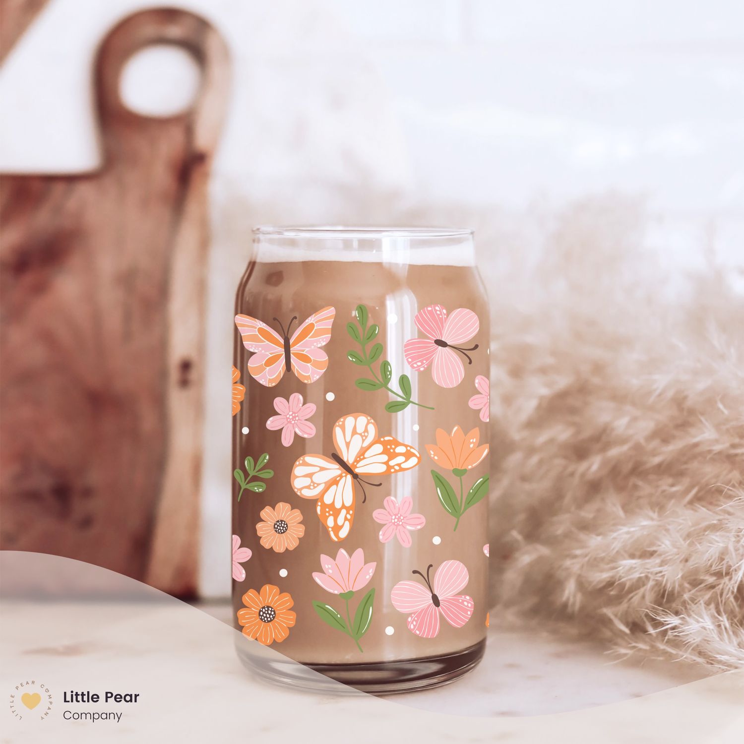 Cute Garden Glass Can Cup with Acrylic Lid and Straw, Bees and Butterflies