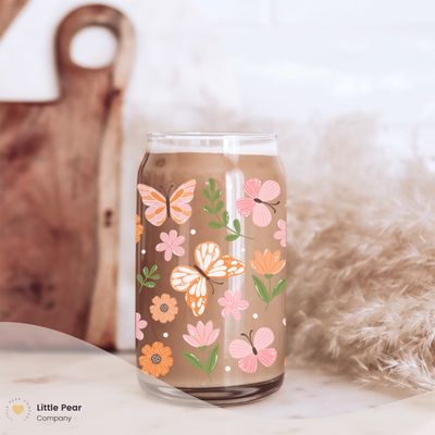 Cute Garden Glass Can Cup with Acrylic Lid and Straw, Bees and Butterflies