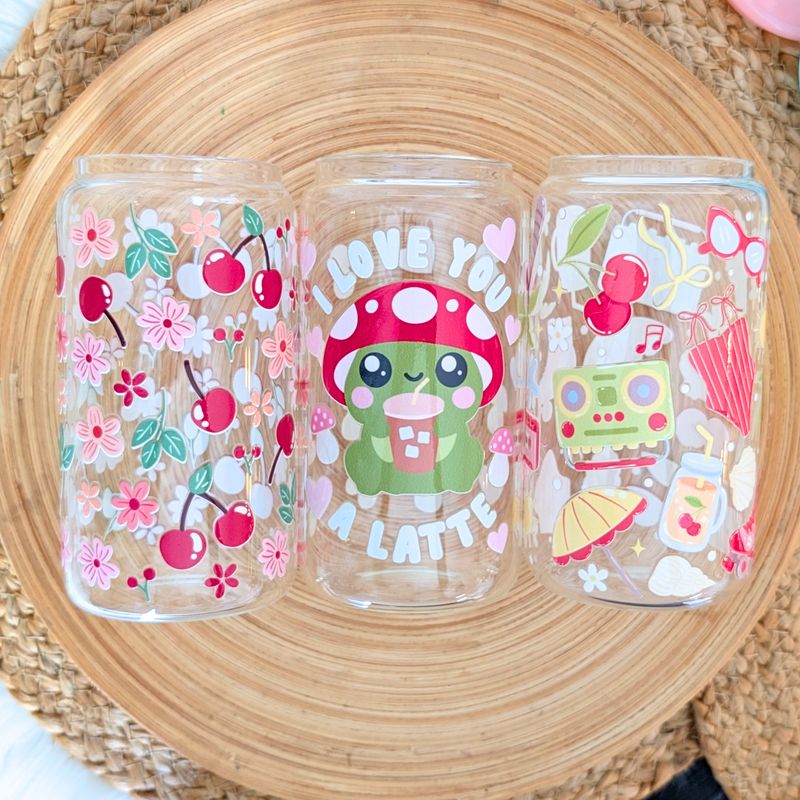 Summer Girly Glass Can Cups with a Lid and Straw