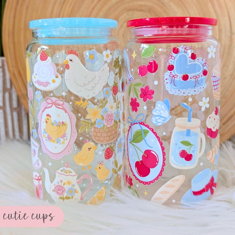 Sweet Coquette Girlie Glass Can Cups with Lid and Straw