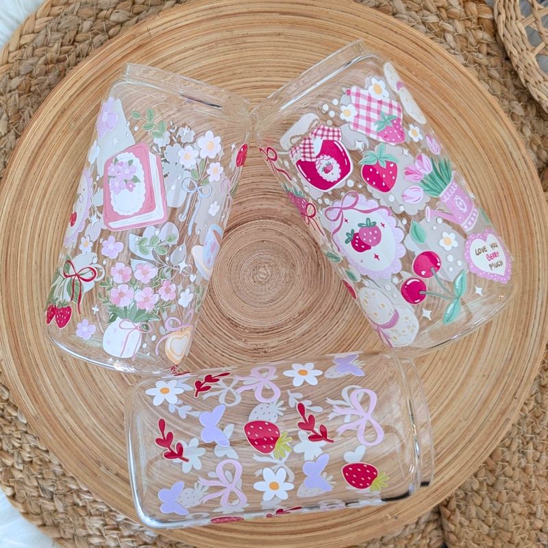 Berry Cute Glass Can Cup - Garden and Farmhouse Style with Lid + Straw