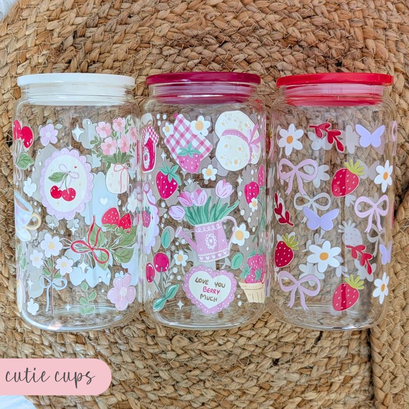 Berry Cute Glass Can Cup - Garden and Farmhouse Style with Lid + Straw