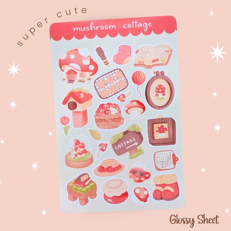 Cute Mushroom Cottage Notepad and Sticker Bundle, Fall Kawaii Stationery