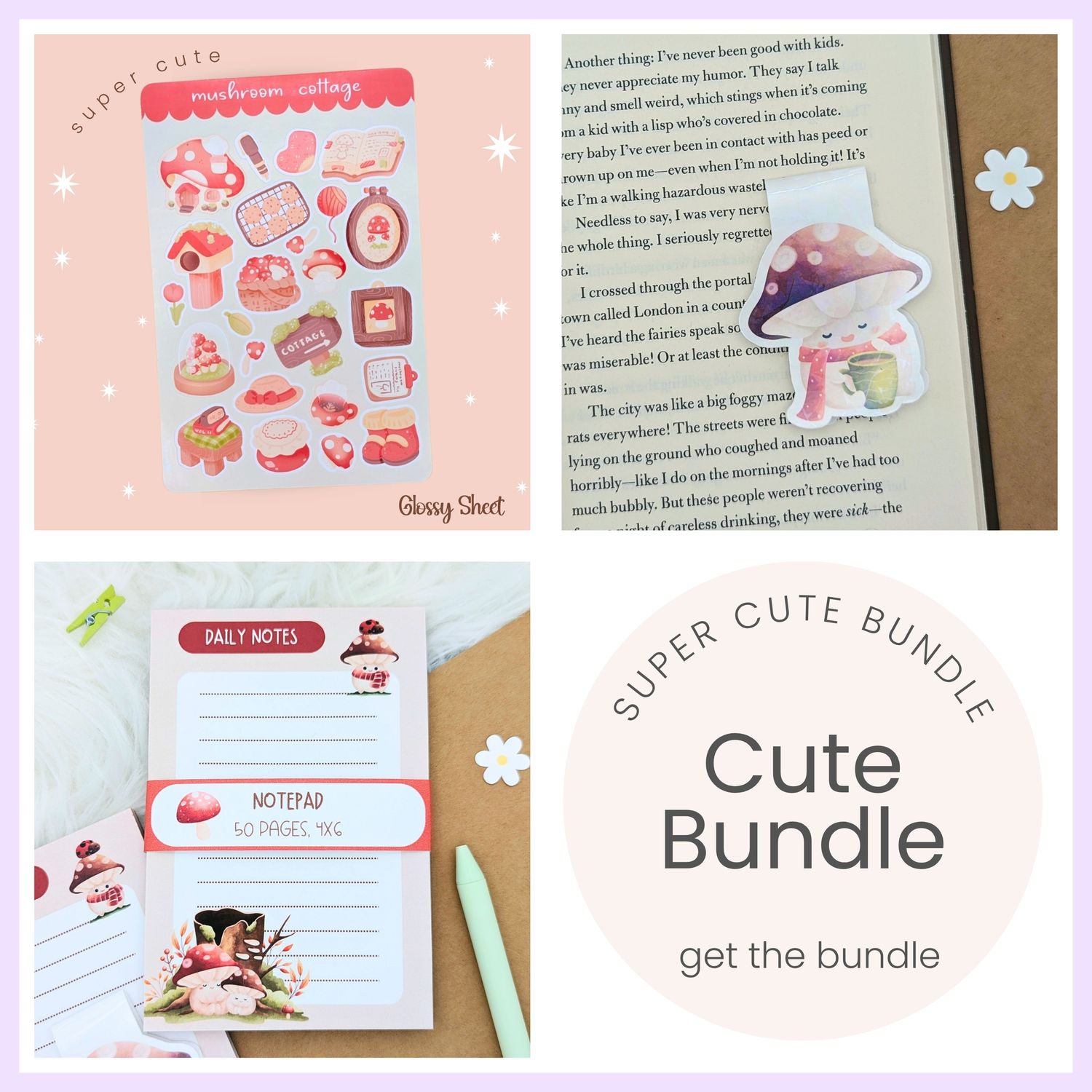 Cute Mushroom Cottage Notepad and Sticker Bundle, Fall Kawaii Stationery