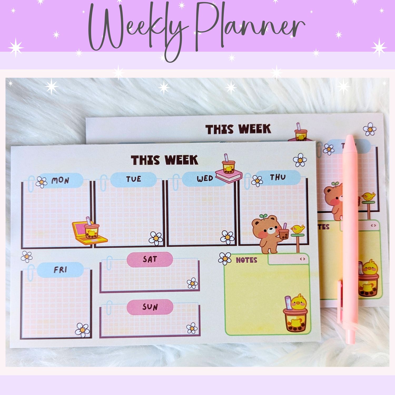Cute Boba Bear Weekly Notepad - 5.5 x 8.5 Magnetic Weekly Notepad