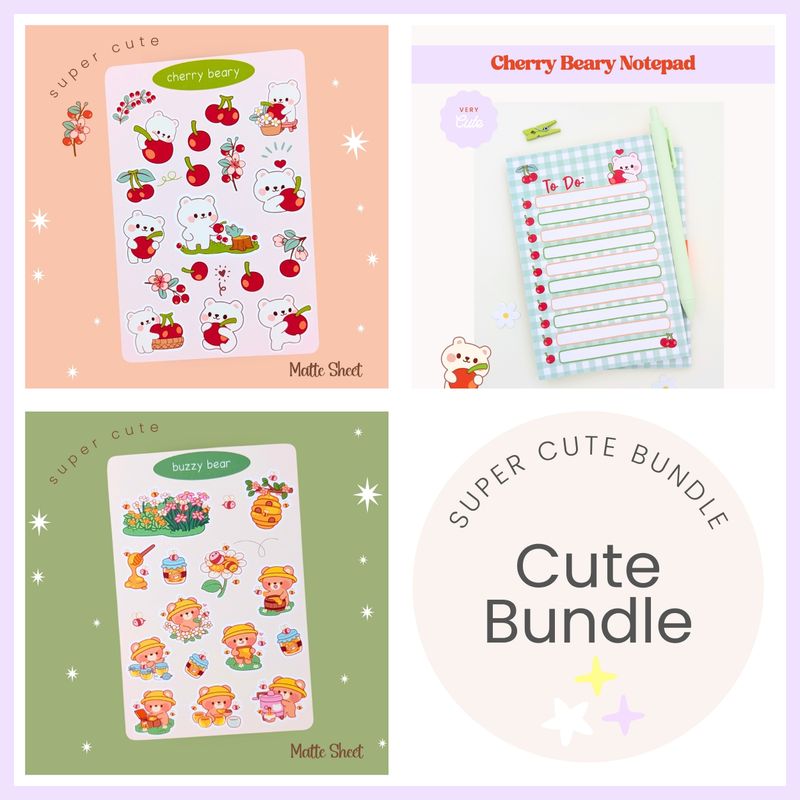 Cute Cherry Beary Bundle, Cute Kawaii Bear Stickers and Notepad