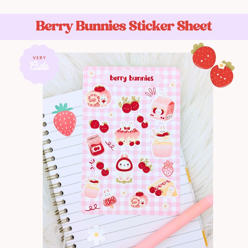 Berry Bunny Sticker Sheet, Kawaii Strawberry Rabbit Stickers