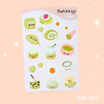 💚 Kawaii Matcha Sticker Sheet, Cute Matcha Stationery Stickers