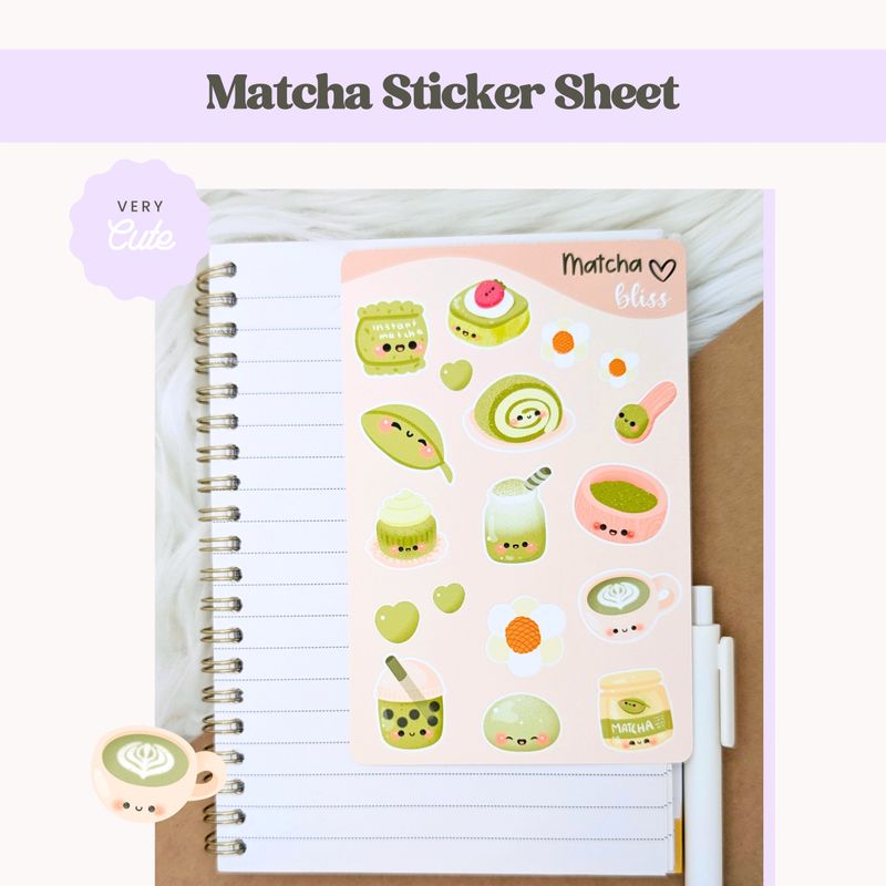 💚 Kawaii Matcha Sticker Sheet, Cute Matcha Stationery Stickers