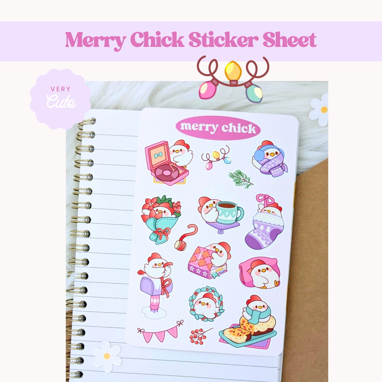 Merry Chick Sticker Sheet, Christmas Chicken Stickers, Kawaii Styled Stationery