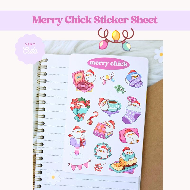 Merry Chick Sticker Sheet, Christmas Chicken Stickers, Kawaii Styled Stationery