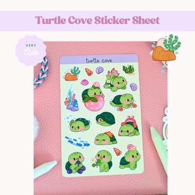 Cute Turtle Sticker Sheet, Kawaii Themed Sea Turtle Stickers