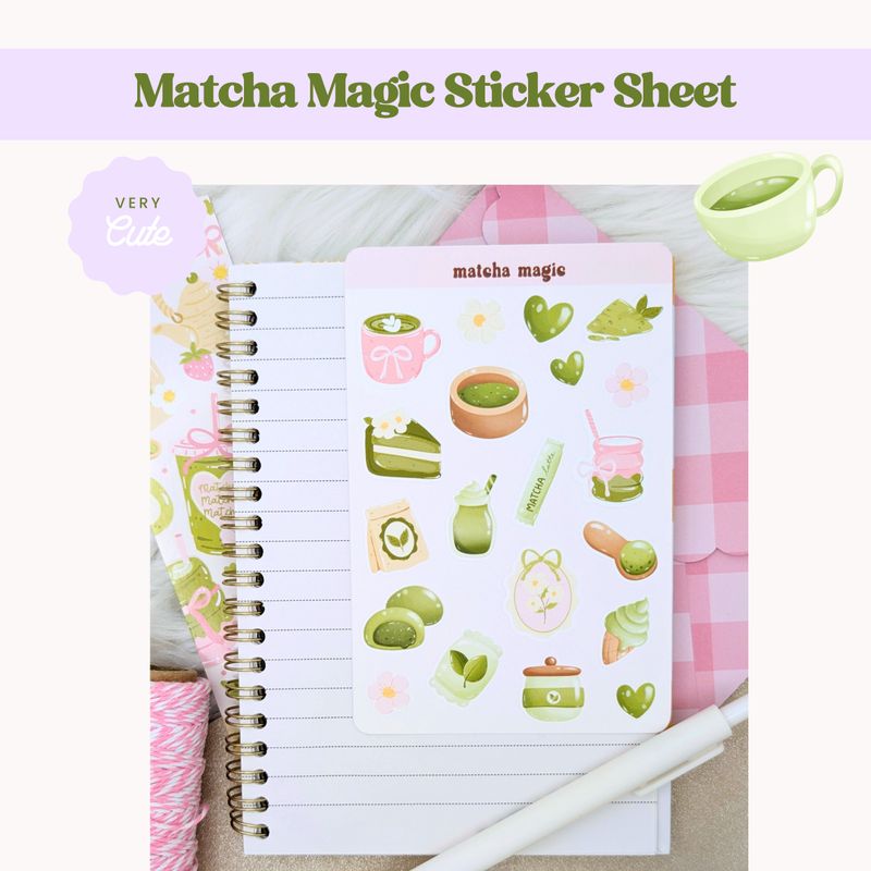 Matcha Magic Sticker Sheet, Cute Match Themed Stickers, Matcha Vibes! 💚