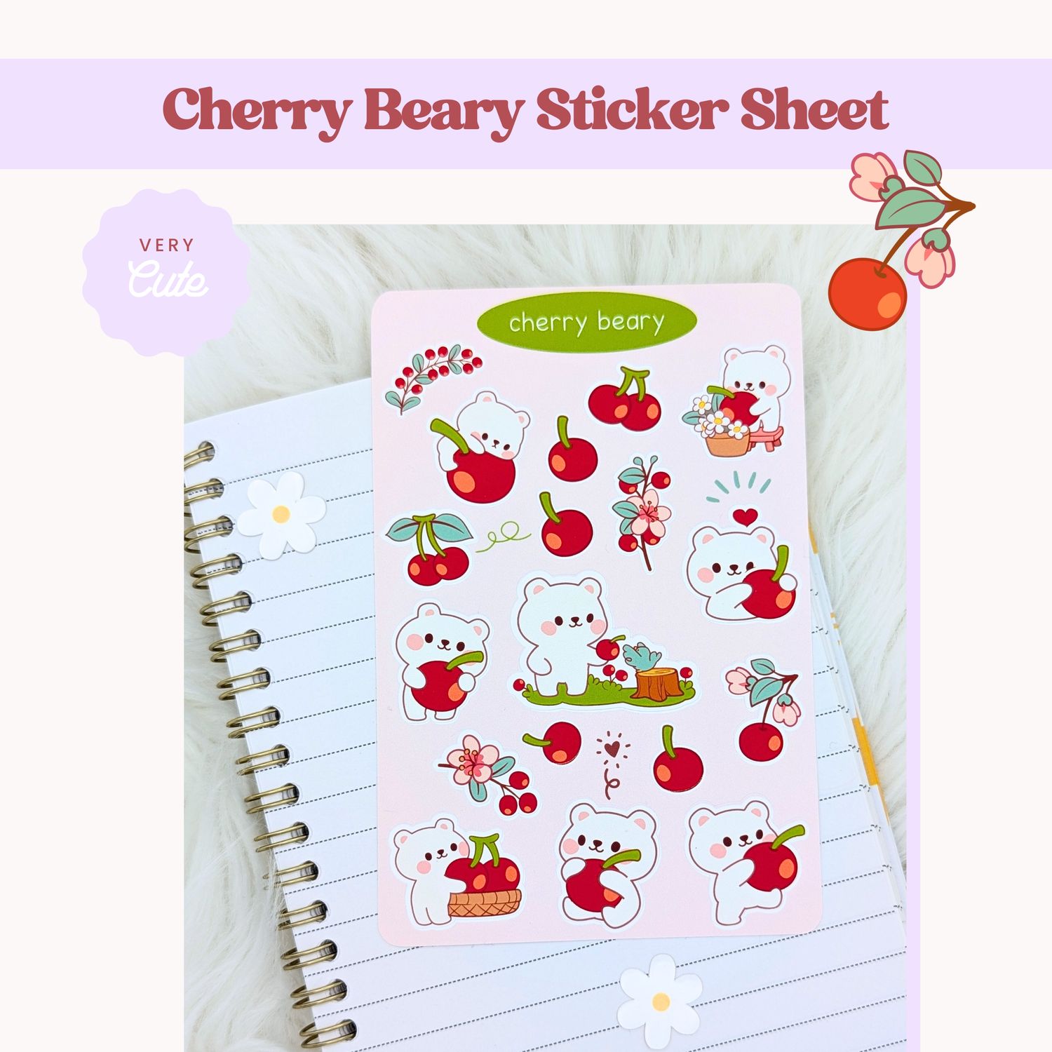Cherry Beary Sticker Sheet, Cute Bears with Cherries Stickers