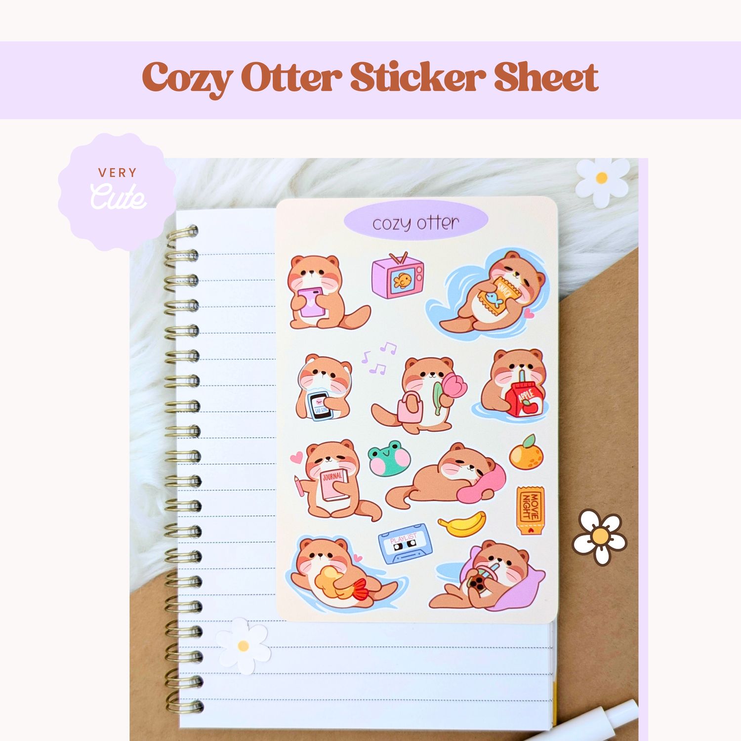 &quot;Cozy Otter&quot; Sticker Sheet, Otter Stickers, Cuddly Kawaii Styled Otters