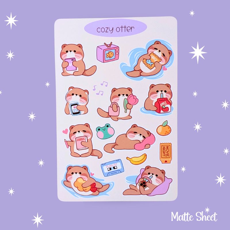 "Cozy Otter" Sticker Sheet, Otter Stickers, Cuddly Kawaii Styled Otters