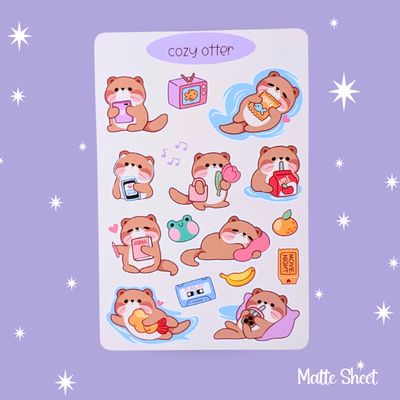 "Cozy Otter" Sticker Sheet, Otter Stickers, Cuddly Kawaii Styled Otters