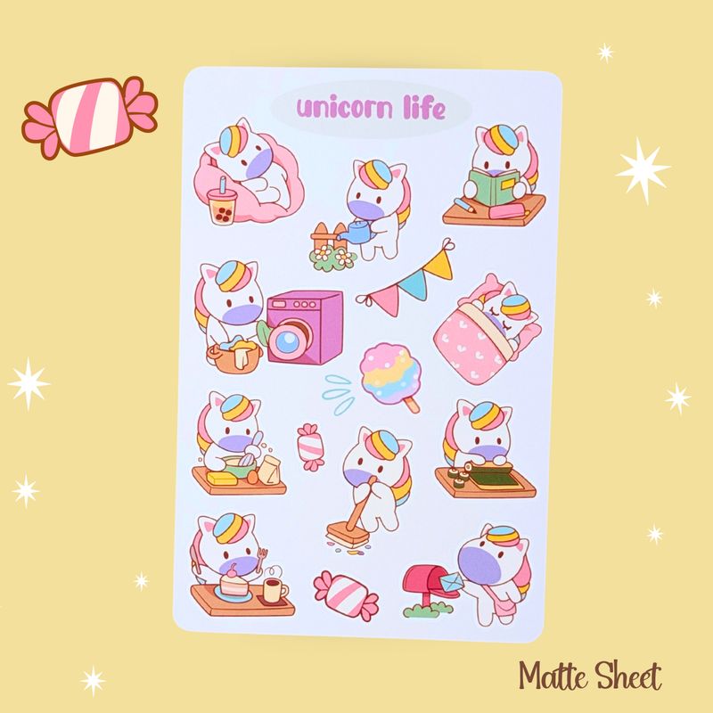 Unicorn Life Sticker Sheet, Cute Unicorn Stickers, Kawaii Themed Unicorn Matte Stickers