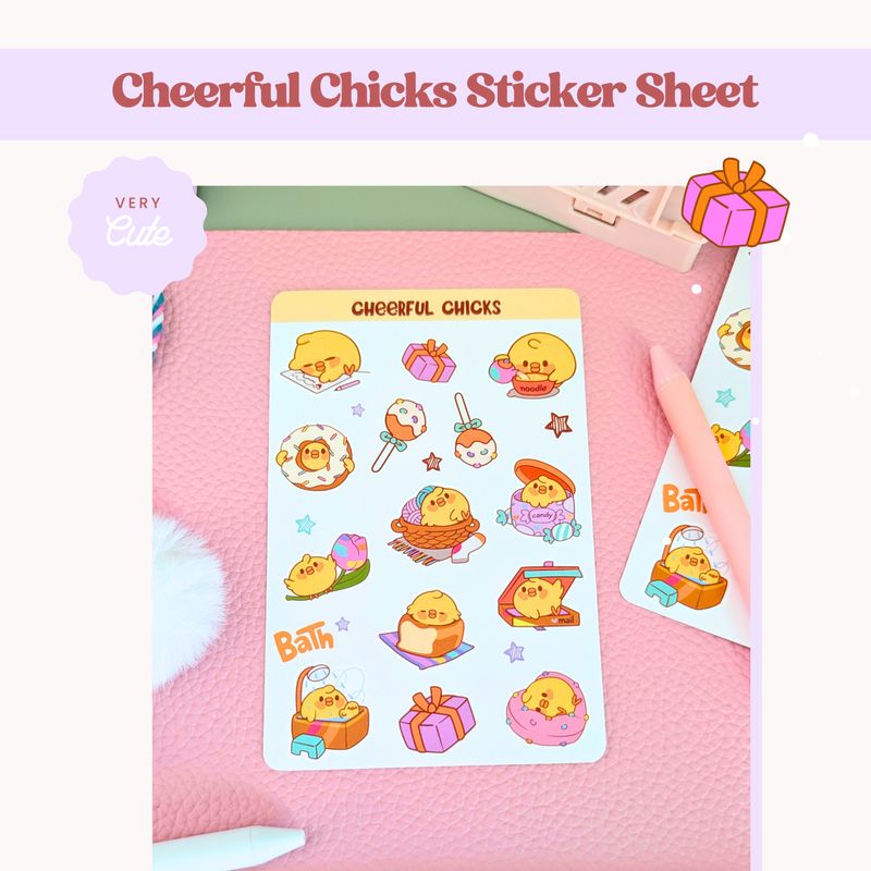 "Cheerful Chick" Sticker Sheet, Cute Chicken Stickers, Kawaii Styled Chicken Stationery