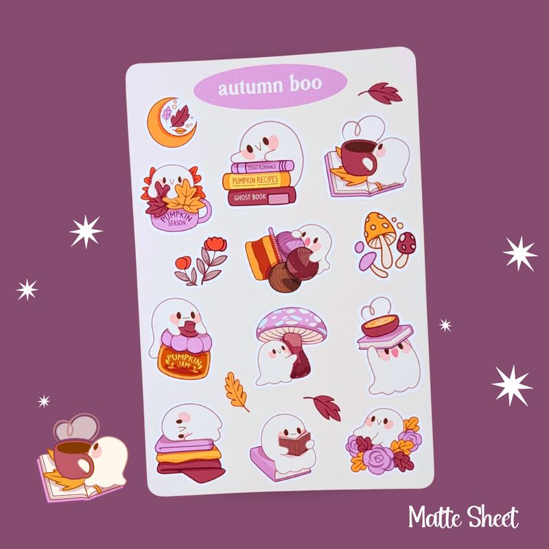Autumn Boo Sticker Sheet, Halloween Ghosts Stickers, Bookish Ghost Sticker Sheet