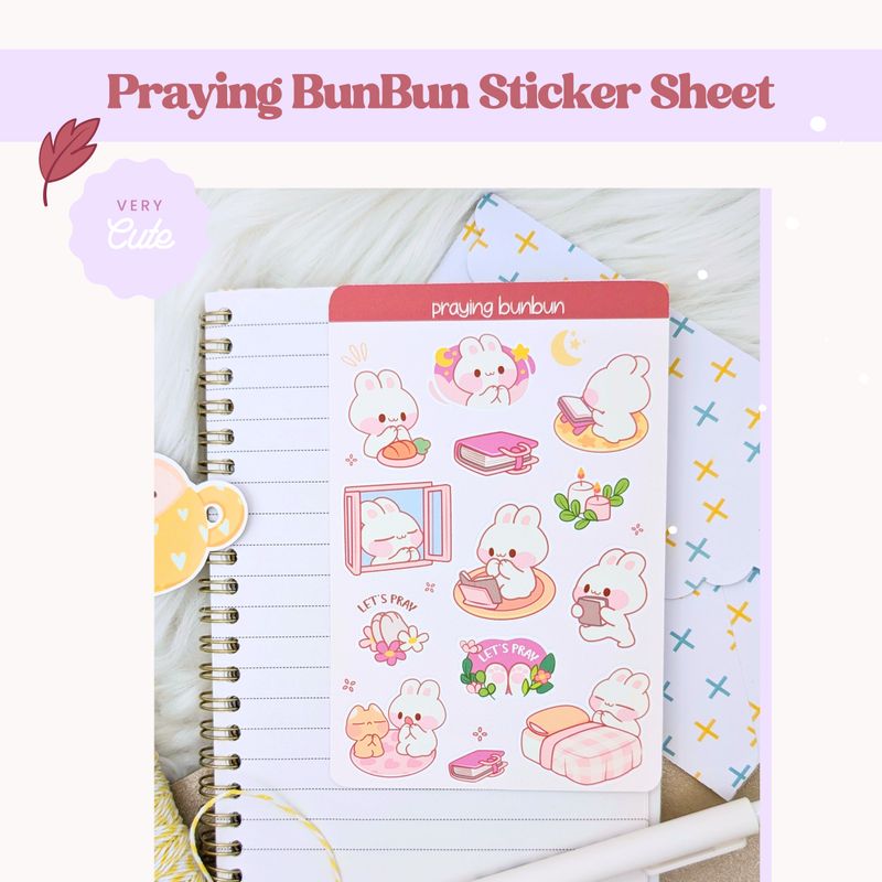 "Praying BunBun" Sticker Sheet, Rabbit Stickers, Cute Kawaii Styled Bunny Stickers