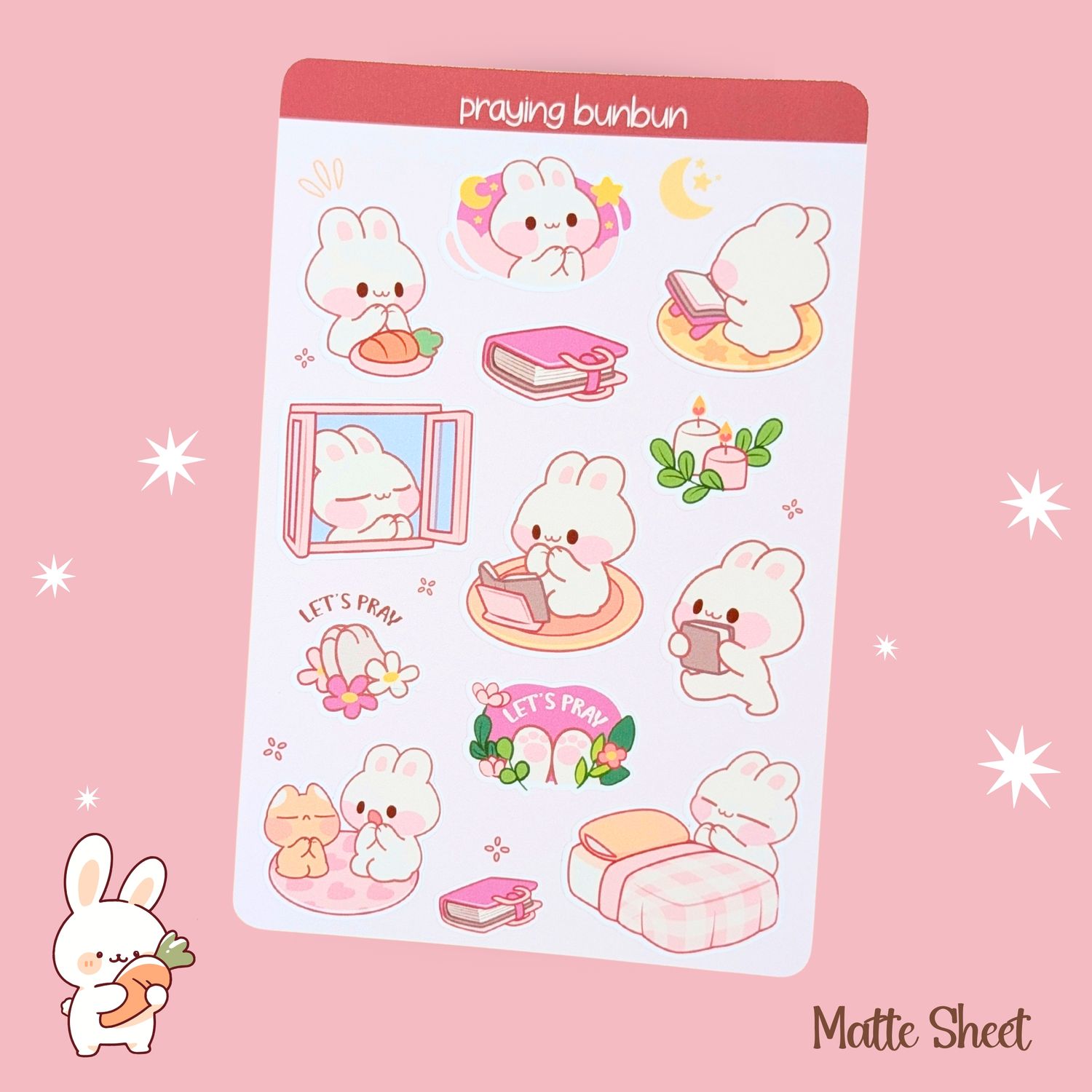 &quot;Praying BunBun&quot; Sticker Sheet, Rabbit Stickers, Cute Kawaii Styled Bunny Stickers