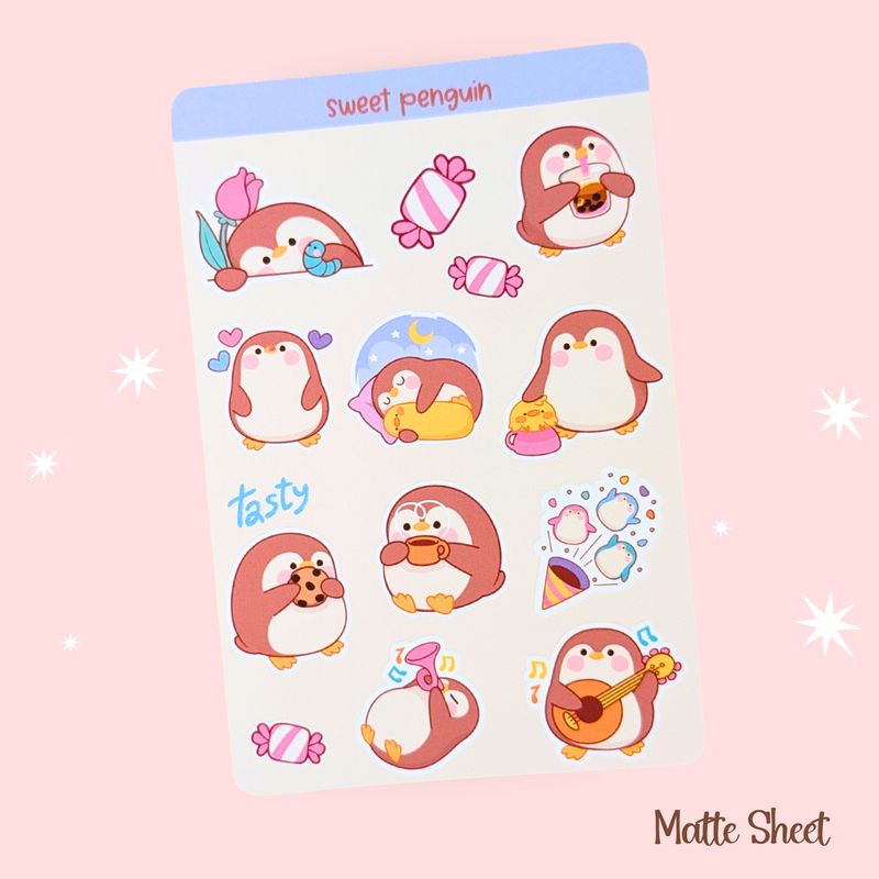 &quot;Sweet Penguin&quot; Sticker Sheet, Penguin Stickers, Cute Kawaii Styled Penguins