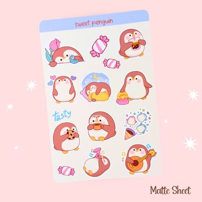 &quot;Sweet Penguin&quot; Sticker Sheet, Penguin Stickers, Cute Kawaii Styled Penguins