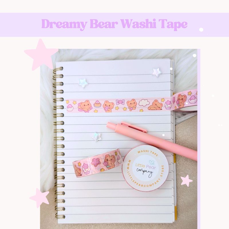 Pink Dreamy Bear Washi Tape, Cute Kawaii Themed Washi Tape 10m